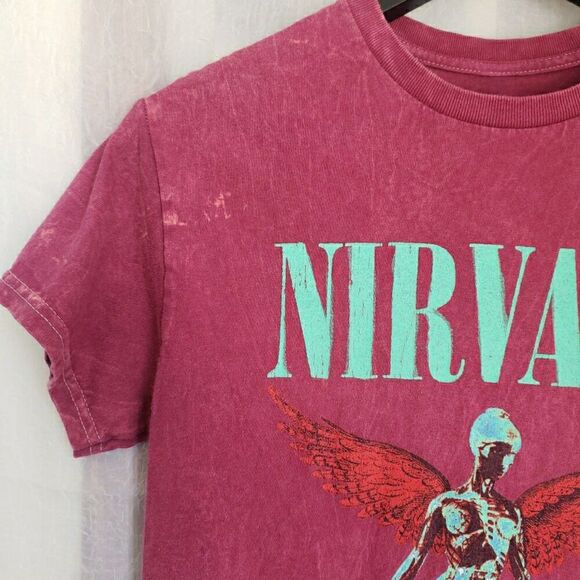 Nirvana Womens T-Shirt Sz S Genuine Merch Utero Angel Distressed Acid Wash Pink - Picture 3 of 8